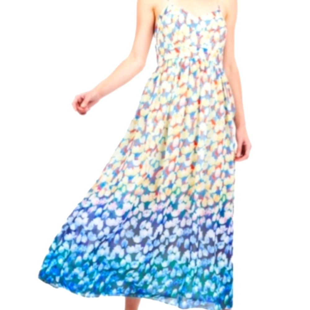 Badgley Mischka Maxi Dress Watercolor Ombre Floral Lined Wedding Guest Size 8